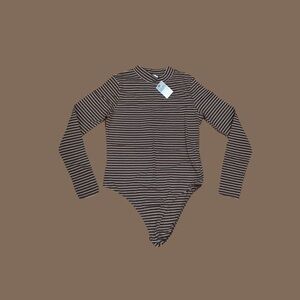 Primark LARGE Brown white striped turtle neck long sleeve bodysuit new stretchy